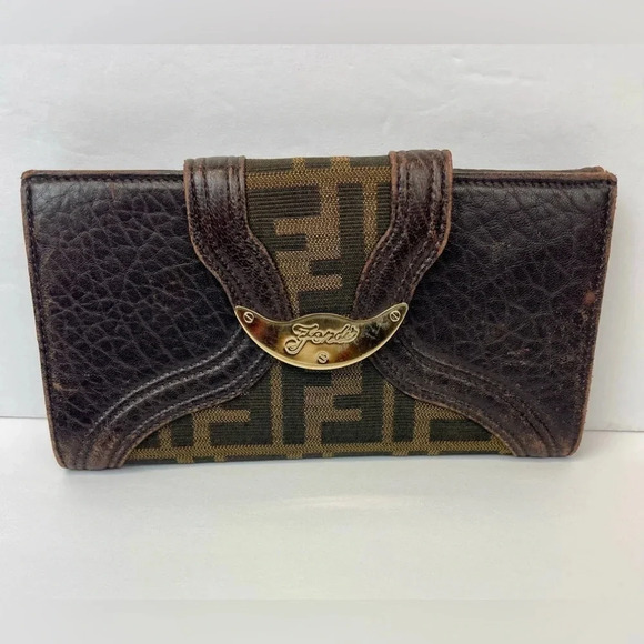 FENDI long wallet Zucca beige canvas x leather Authentic used L3508 - Picture 1 of 13